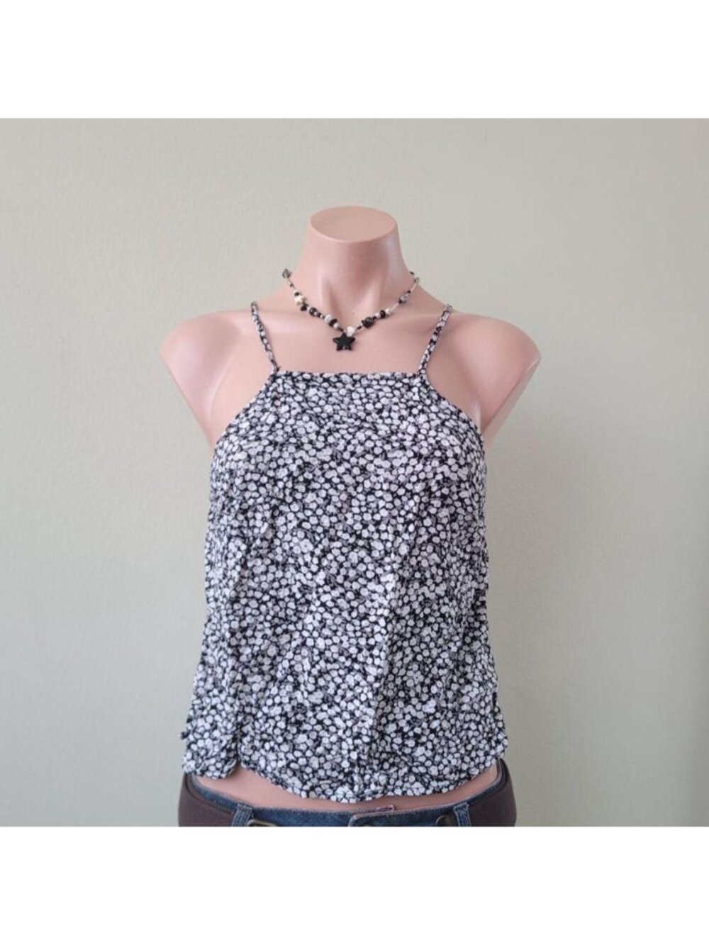 Garage Romantic Onyx Black Ditsy Floral Print Flowy Summer Cami (XS)